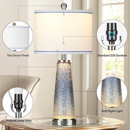 Glass Table Lamps for Living Room, 26" Modern Table Lamps with USB A+C Ports & AC Outlet, Touch Control Bedside Nightstand Lamp with Crystal Night Light for End Table Office Desk Blue(Bulbs Included) - LeafyLoom