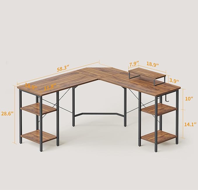 BANTI L Shaped Desk with Shleves, 58 inch Large Corner Desk with Two Storage, Space Saving, Easy to Assemble, Brown - LeafyLoom