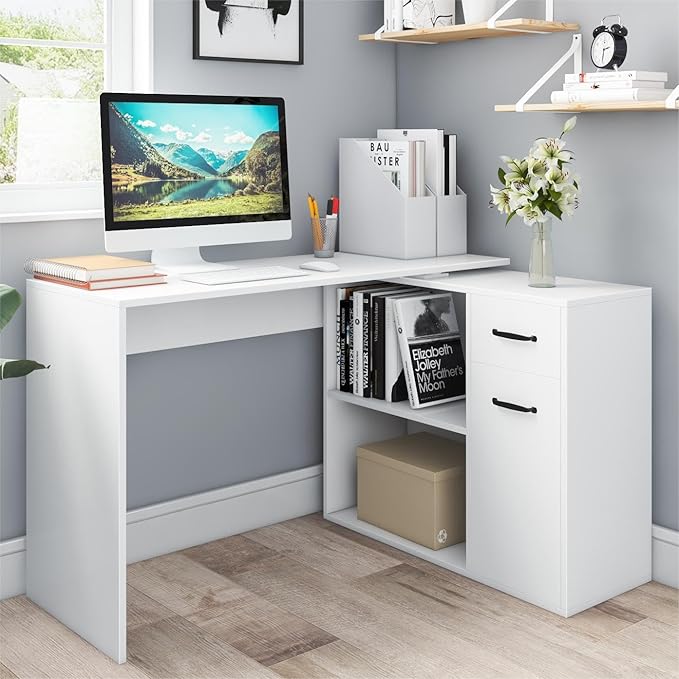 L-Shaped Rotating Computer Desk 68 inch with Storage Shelves Home Office Corner Desk with Drawers and File Cabinet Multipurpose Study Writing Table for Bedroom Small Space White - LeafyLoom