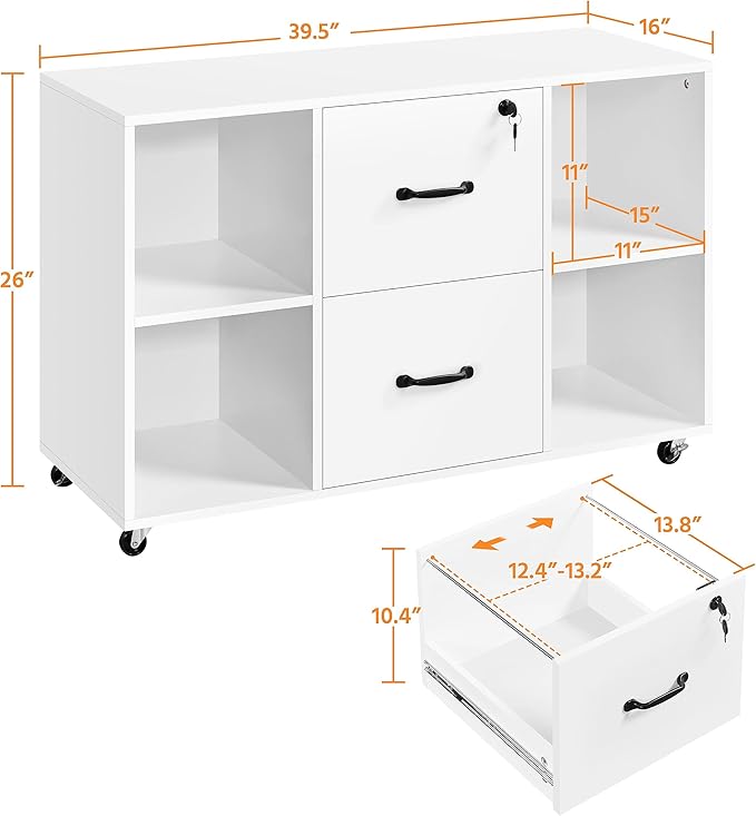 Yaheetech White File Cabinet Mobile Letter Size File Cabinet with 2 Drawers and 4 Open Storage Shelves Large Mobile Lateral Filing Cabinet Printer Stand for Home and Office - LeafyLoom