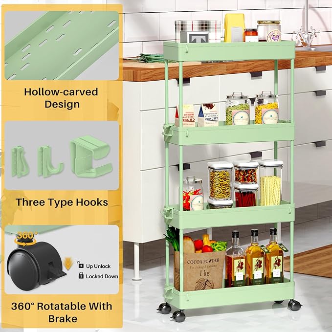 SPACEKEEPER Slim Rolling Storage Cart 4 Tier Bathroom Organizer Utility Cart Mobile Shelving Unit Tower Rack for Kitchen, Laundry Room, Bathroom, Narrow Places, Green - LeafyLoom