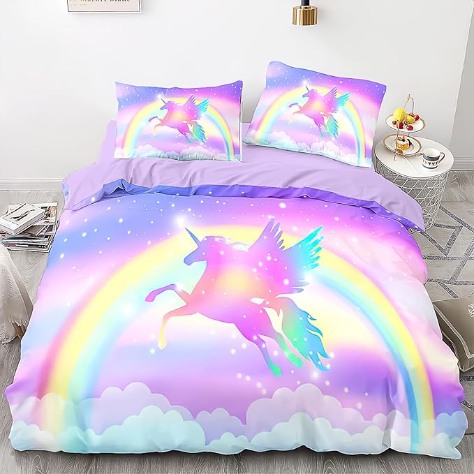 Kids Comforter Bedding Set 3 Pieces Super Soft Breathable Print Kids Bedding Sets for Girls, Machine Washable Durable Comforter Set with Comforter, 2 Pillowcases Rainbow(Twin, Purple Unicorn) - LeafyLoom