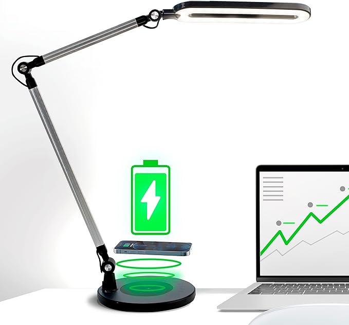 Led Desk Lamp | Architect Desk Lamps for Home Office | Desk Light Swing Arm with Wireless Charger, Adjustable Color temp & Brightness | Tall Table Lamp for Work, Reading, Study, Computer Monitor - LeafyLoom