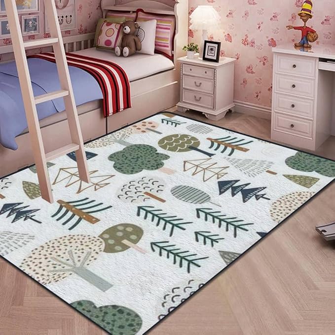 Soft Kids Play Area Rugs 3D Home Woodland Seamless Trendy Forest Texture Abstract Hand Drawn Tree Plush Rugs Non Slip Shaggy Carpets for Kids' Bedroom Classroom Playroom Nursery Décor - LeafyLoom