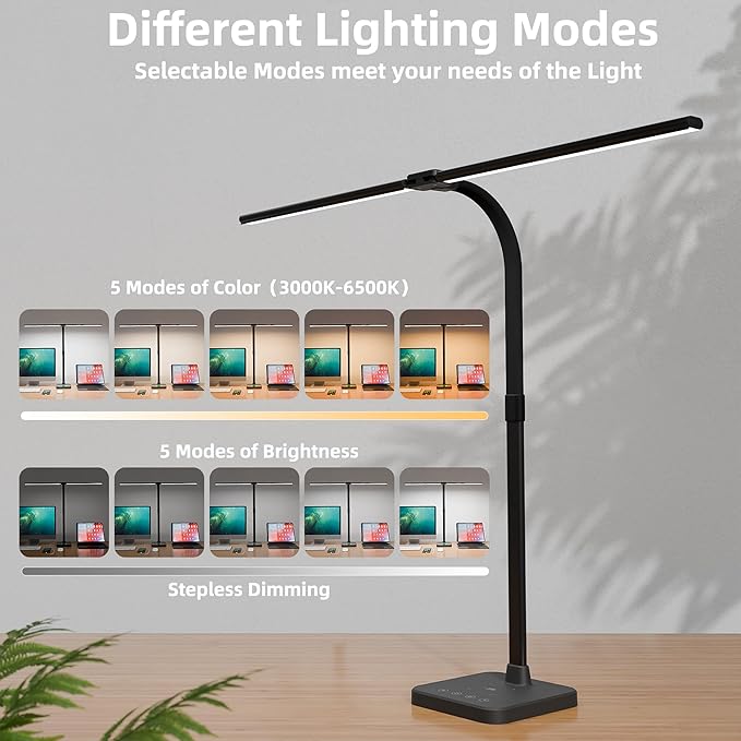 Otdair LED Desk Lamp for Home Office with Wireless Charger, 5 Modes 24W Double Head Flexible Gooseneck Eye-Caring Reading Study Light, Architect Light 5 Brightness Adjustable with Timer (Black) - LeafyLoom