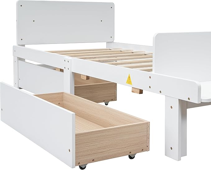 Twin Bed with 2 Drawers,Storage Platform Bed with Footboard Beach and Headboard,Pine Wood Twin Size Bed Frame High Stable for Kids,Boys,Girls,Teens, No Box Spring Needed,White - LeafyLoom