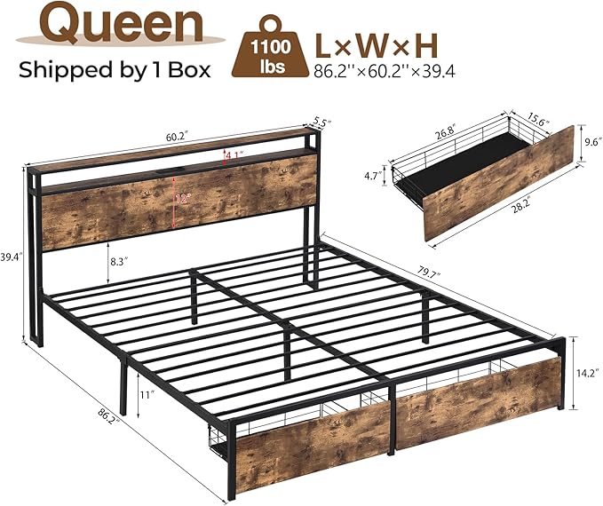 LED Queen Bed Frame with 2 Storage Drawers & Headboard, Platform Metal Bed Frame with Charging Station, Noise-Free, No Box Spring Needed, Vintage Brown - LeafyLoom