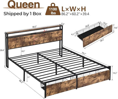 LED Queen Bed Frame with 2 Storage Drawers & Headboard, Platform Metal Bed Frame with Charging Station, Noise-Free, No Box Spring Needed, Vintage Brown - LeafyLoom