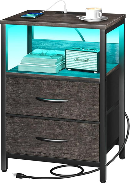 Yoobure Nightstand with Charging Station, LED Night Stand with Fabric Drawers and Storage Shelf for Bedroom, Nightstands Bedside Tables with USB Ports & Outlets, Small Night Stands, Bed Side Table - LeafyLoom