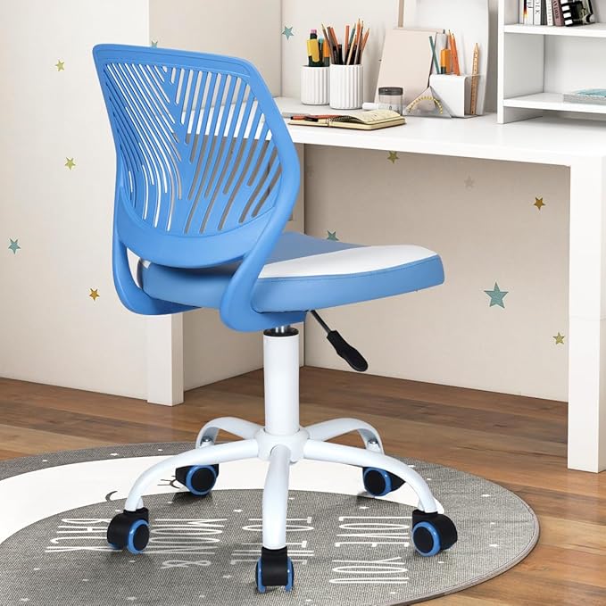 FurnitureR Desk Chair Small Study Chairs Armless for Child Kids Teens, Swivel Rolling Lightweight Task Chair with Wheels and Pu Leather Padded Cushion, Blue/White - LeafyLoom