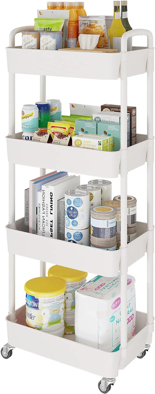 4-Tier Storage Cart,Multifunction Utility Rolling Cart Kitchen Storage Organizer,Mobile Shelving Unit Cart with Lockable Wheels for Bathroom,Laundry,Living Room,With Classified Stickers,White - LeafyLoom