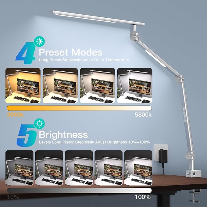 LED Desk Lamp, Desk Light for Home Office, Dual Light Source 18W Brightest, Eye-Caring Optical Lens, Task Lamp, 5 Color Modes & Brightness, Aluminum Alloy Clip on Lamp, Clamp Lamp, Silver - LeafyLoom