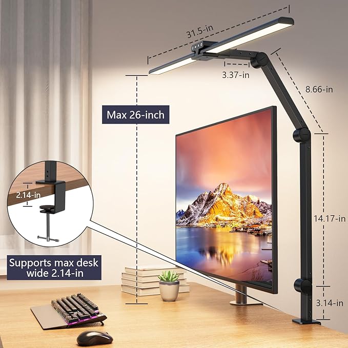 KableRika Desk Lamp,Double Head Desk Lamp with Clamp,24W Led Desk Lights for Home Office Ultra Bright Architect Table Lamp 4 Brightness 4 Color,Auto Dimming Task Lamp for Monitor Work Study - LeafyLoom