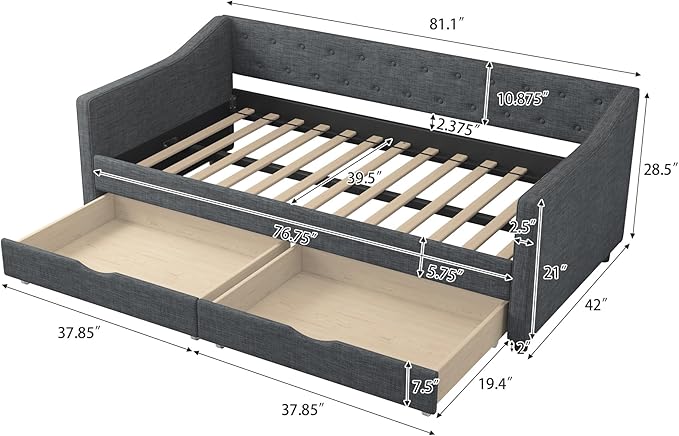 Twin Size Daybed with 2 Drawers, Upholstered Tufted Sofa Bed with Button on Back and Piping on Waved Shape Arms for Bedroom, Apartment, Living Room, Wooden Slats Support, Dark Grey - LeafyLoom