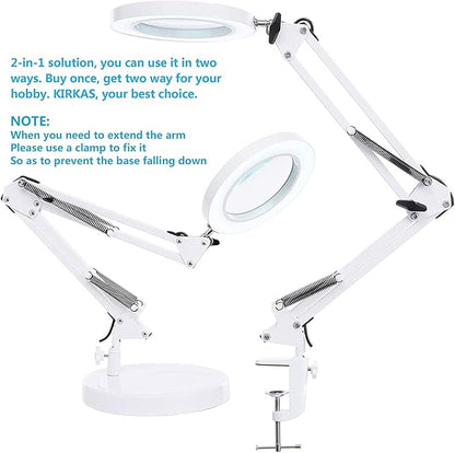 5X Magnifying Glass with Light and Stand, KIRKAS 2-in-1 Real Glass Lens Magnifying Desk Lamp with Clamp, 3 Color Modes, Stepless Dimmable Magnifier Light for Close Work Repair Reading Crafts- White - LeafyLoom