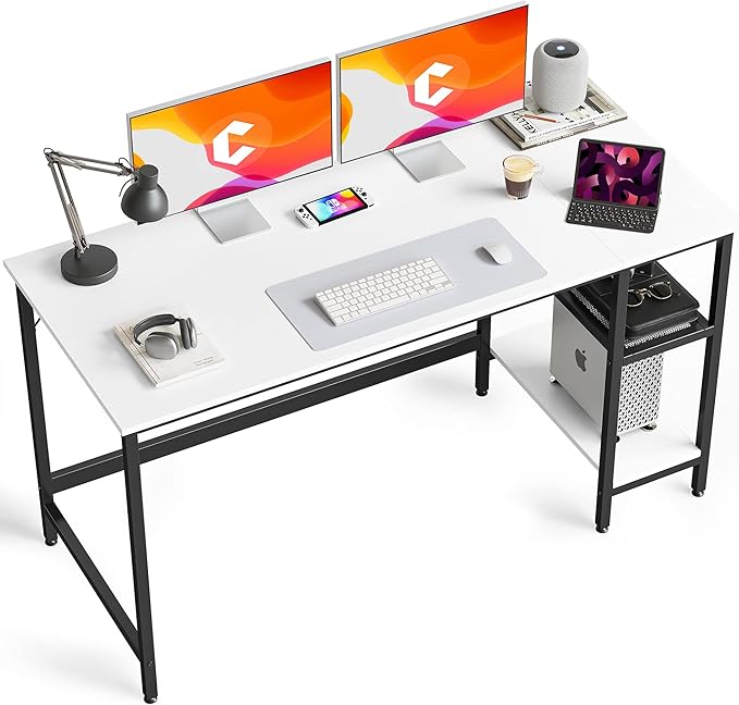 CubiCubi Computer Home Office Desk, 63 Inch Desk Study Writing Table with Storage Shelves, Modern Simple PC Desk with Splice Board,White Finish - LeafyLoom