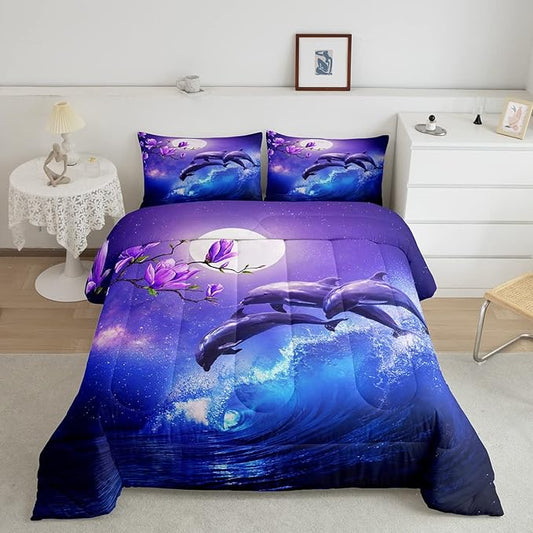 Erosebridal Galaxy Dolphin Comforter Set Full,Coastal Ocean Waves Comforter Sky Starry Moon Stars Cherry Blossoms Bedding Set for Girls Teen yough women Sea Animal Quilted Duvet Purple Blue 3 Pcs - LeafyLoom