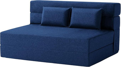 Convertible Folding Sofa Bed-Sleeper Chair with Pillow, Modern Linen Fabric Floor & Futon Couch, Foldable Mattress for Living Room/Dorm/Guest Use/Home Office/Apartment, Queen Size,Navy Blue - LeafyLoom