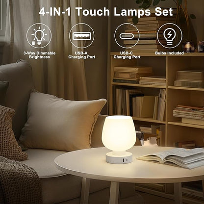 Kakanuo Bedside Table Lamps with Glass Shade, Touch Control, Dual USB A+C Charging Ports, Nightstand Lamps, 3-Way Dimmable, Bulbs Included, Set of 2 - LeafyLoom