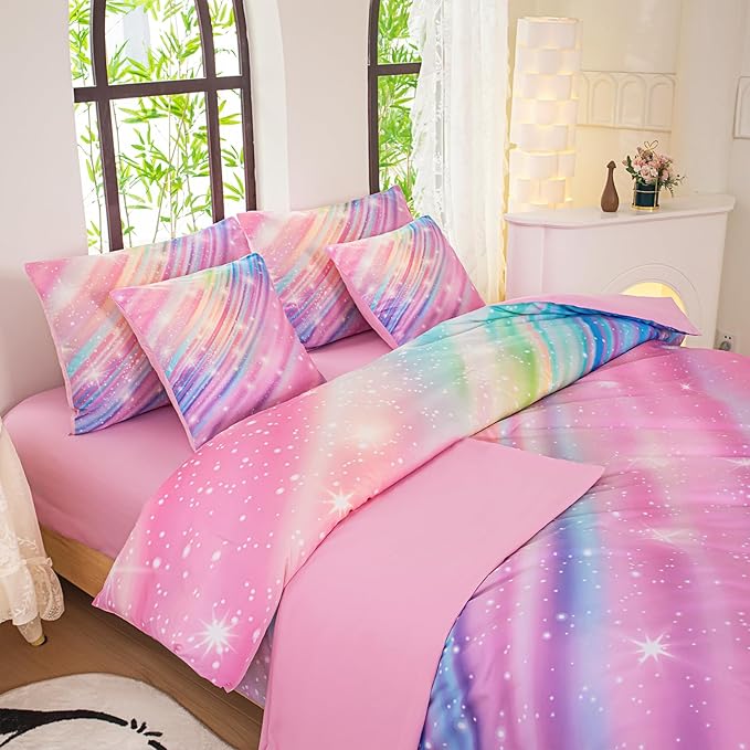 Full Size Bedding Sets Kids Bedding Sets for Girls,Galaxy Bedding 7pieces Glitter Pink Comforter, Colorful Comforter Full Size Comforter Sets for Teen Girls - LeafyLoom