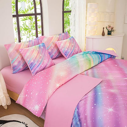 Full Size Bedding Sets Kids Bedding Sets for Girls,Galaxy Bedding 7pieces Glitter Pink Comforter, Colorful Comforter Full Size Comforter Sets for Teen Girls - LeafyLoom