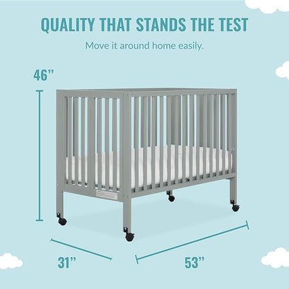 Quinn Full-Size Folding Crib in Cool Grey, Removeable Wheels, Modern Nursey, Adjustable Mattress Support, Portable Crib, Patented Folding System - LeafyLoom