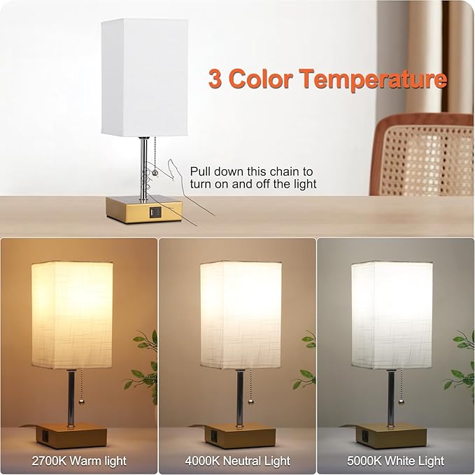 Table Lamp for Bedrooms Set of 2, 3 Color Bedside Table Lamps for Bed Room with USB Type C Charging Port Ac Outlet, Pull Chain Nightstand Table Lamp for Living Room,Office Desk(LED Bulb Included) - LeafyLoom