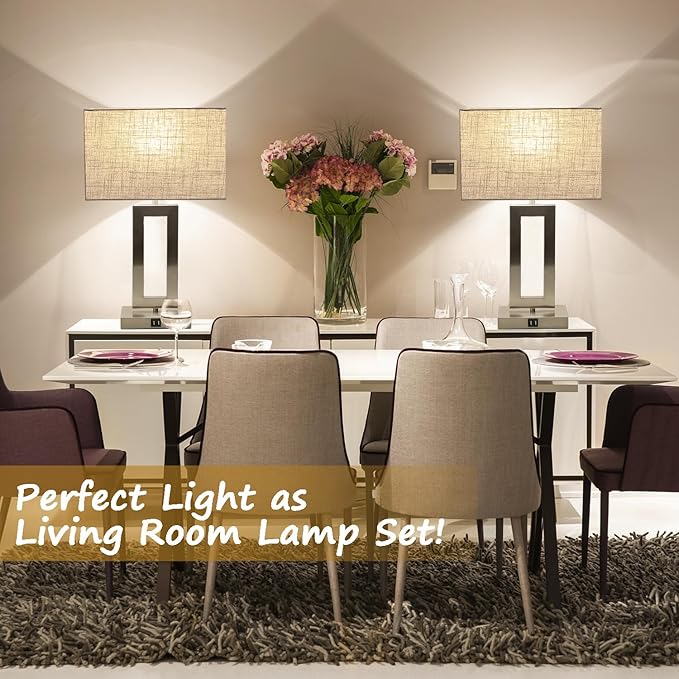 Lamps for Living Room Set of 2 Touch Control Table Lamps with 2 USB Ports 3-Way Dimmable Bedside Nightstand Lamps Bedrooms Brushed Nickel Lamp for End Table Contemporary Lamps with Beige/Grey Shades - LeafyLoom