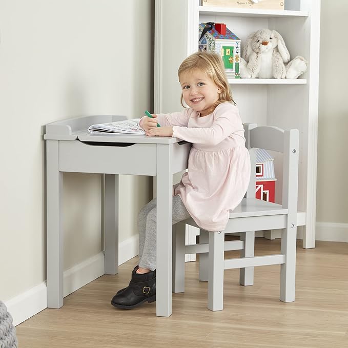 Melissa & Doug Wooden Lift-Top Desk & Chair - Gray , Grey - Toddler And Kids , For Ages 3+ With Self-Containted Storage And Chair Set - LeafyLoom