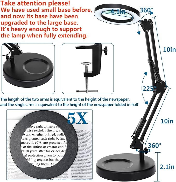 HITTI 【Upgraded】 5X LED Magnifying Lamp, 1,800 Lumens Stepless Dimmable, 3 Color Modes, 8-Diopter 4.2″ Real Glass Lens Magnifier Desk lamp, Magnifying Light and Stand for Crafts Reading Close Work - LeafyLoom