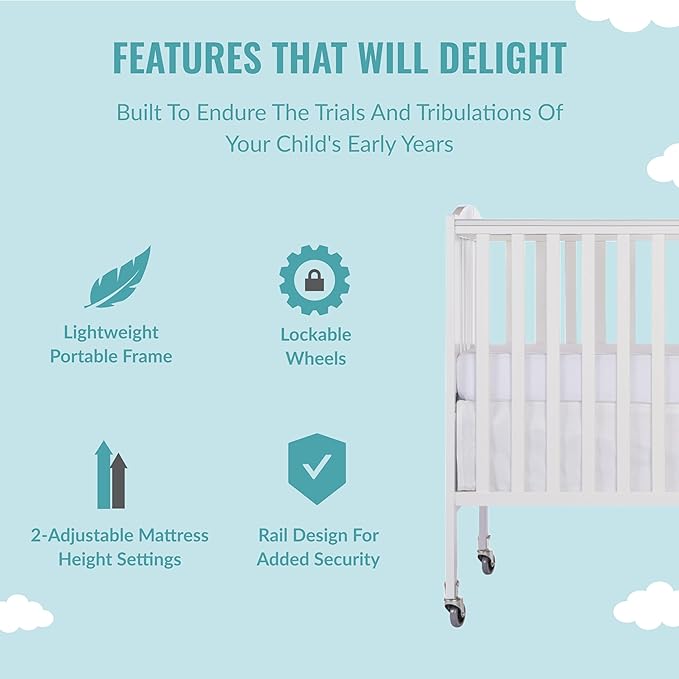 Folding Full Size Convenience Crib In White, Two Adjustable Mattress Height Positions, Comes With Heavy Duty Locking Wheels, Flat Folding Crib - LeafyLoom