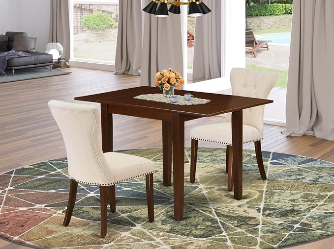 East West Furniture NDGA3-MAH-32 Norden 3 Piece Modern Set Contains a Rectangle Wooden Table with Dropleaf and 2 Light Beige Linen Fabric Parsons Dining Chairs, 30x48 Inch, Mahogany - LeafyLoom