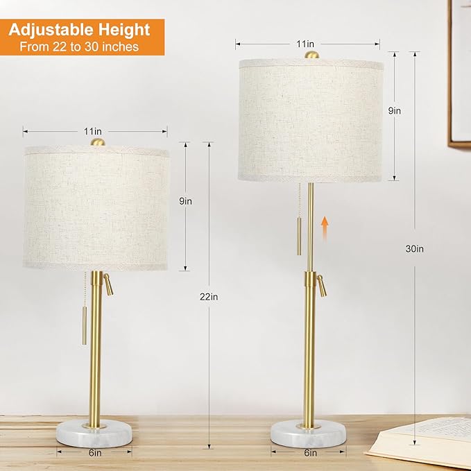 Table Lamp Set of 2: 22" to 30" Height Adjustable Pull Chain Switch for Living Room Bedroom End Table, Marble Base Beige Linen Shade Gold Nightstand Lamp for Office, Bedside Table (Gold, Beige Shade) - LeafyLoom