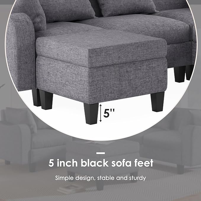 Modern L-Shaped Couch with Coffee Table & 6 Pillows, 6-Seat Sectional Sofa Set with Storage Ottoman & Unique Curved Armrest, Convertible 5-Seat Indoor Furniture for Living Room, Apartment - LeafyLoom