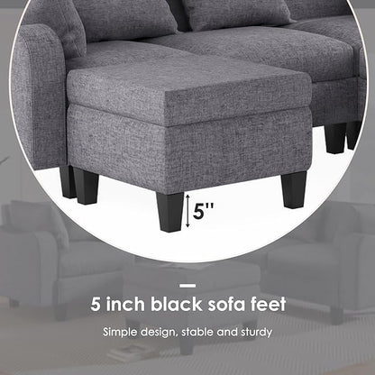 Modern L-Shaped Couch with Coffee Table & 6 Pillows, 6-Seat Sectional Sofa Set with Storage Ottoman & Unique Curved Armrest, Convertible 5-Seat Indoor Furniture for Living Room, Apartment - LeafyLoom