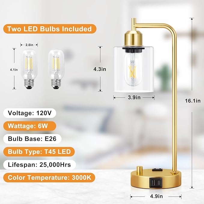 Industrial Table Lamps for Bedroom Set of 2 - Fully Dimmable Bedside Lamps with USB Ports and Outlet, Gold Nightstand Lamps with Clear Glass Shade for Living Room, Desk Lamps for Office Reading - LeafyLoom