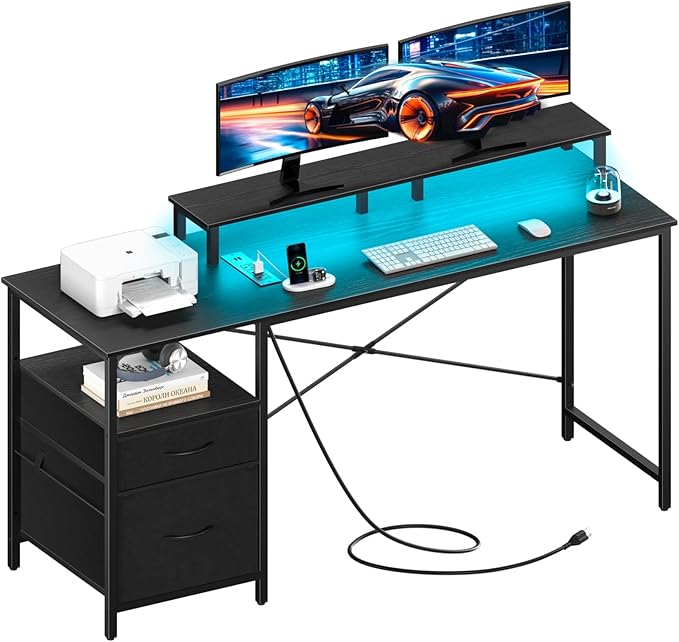 Yoobure Computer Desk, Gaming Desk with LED Lights & Power Outlets, Office Desk with Fabric File Cabinets, 55.1" Gaming Table with Long Monitor Stand, PC Gamer Desk with Drawers for Home office, Black - LeafyLoom