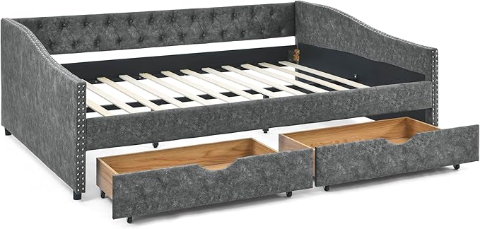 RITSU Modern Queen Size Daybed with Drawers Upholstered Sofa Bed, Tufted Buttons On Back, Wooden Frame， Copper Nail On Waved Shape Arms, for Bedroom, Living Room, Grey, 84.50 - LeafyLoom