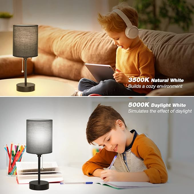 Dicoool Black Bedroom Lamps 3 Color Temperatures - 2700K 3500K 5000K Small Bedside Lamps with USB C and A Ports, Pull Chain Table Lamps with AC Outlet, Black Nightstand Lamps for Kids Sleeping - LeafyLoom