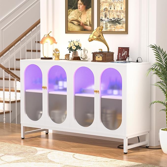 Aheaplus Sideboard Buffet Cabinet with Power Outlet, Kitchen Sideboard Storage Cabinet with LED Light, 4 Doors, Modern Accent Cabinet Coffee Bar Cabinet Console Table for Kitchen Dining Room, White - LeafyLoom