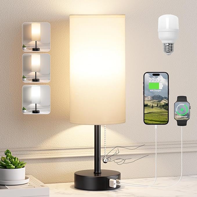 White Table Bedside Lamp for Bedroom Nightstand - Small Lamp with USB A + C Charging Port, 3 Color Temperatures Pull Chain Night Stand Light with Bulb, Side Table Desk Reading Lamp for Living Room - LeafyLoom