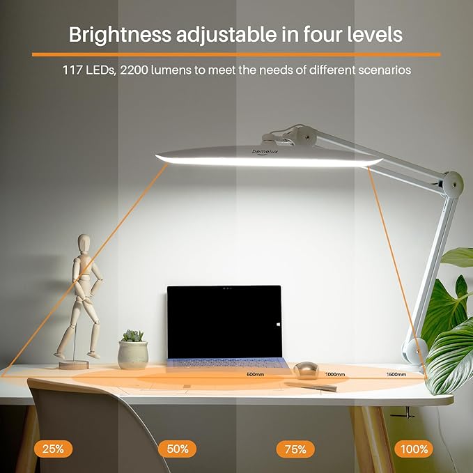 LED Desk Lamp with Clamp, Dimming Task Lamp for Reading Desktop Office Workbench Table Architect Sewing Study Home Craft, Bright 117PCS LEDs, 2200 Lumens 20 Inch Metal Swivel Arm Work Lamp - LeafyLoom