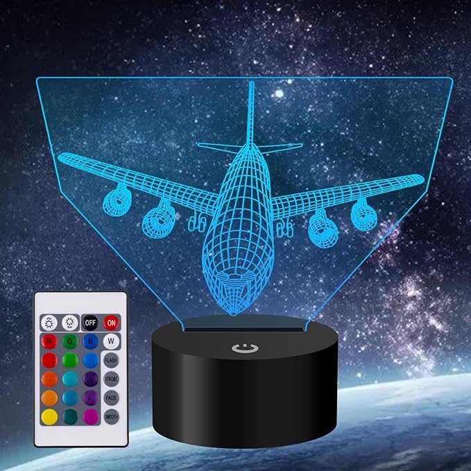 Airplane Night Light 3D Illusion Lamp 16 Color Changing USB Charging/Battery Powered Touch Control with Remote LED Table Desk Decor Lamps Christmas Birthday Gift for Kid Boy Pilot Plane Lover - LeafyLoom