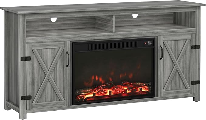 YESHOMY Fireplace TV Stand for Television up to 65+ Inch with Storage and Farmhouse Barn Doors, Entertainment Center with Cabinet and Shelves, Media Console for Living Room, Gray Wash - LeafyLoom