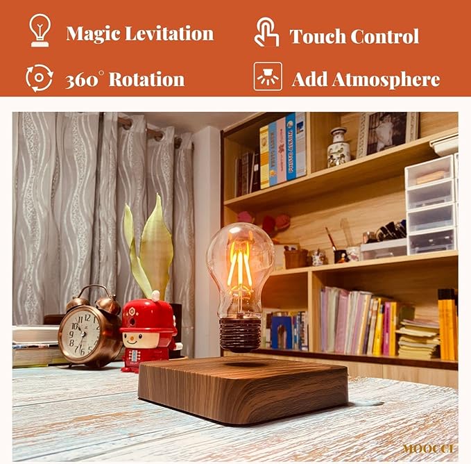 Levitating Bulb Lamp Magnetic Floating Light Desk Lamp Night Light, 360 Degree Wireless Automatic Rotating Light for Gifts Home Office Decor Desk Tech Toys (Square-Dark Brown Base) - LeafyLoom