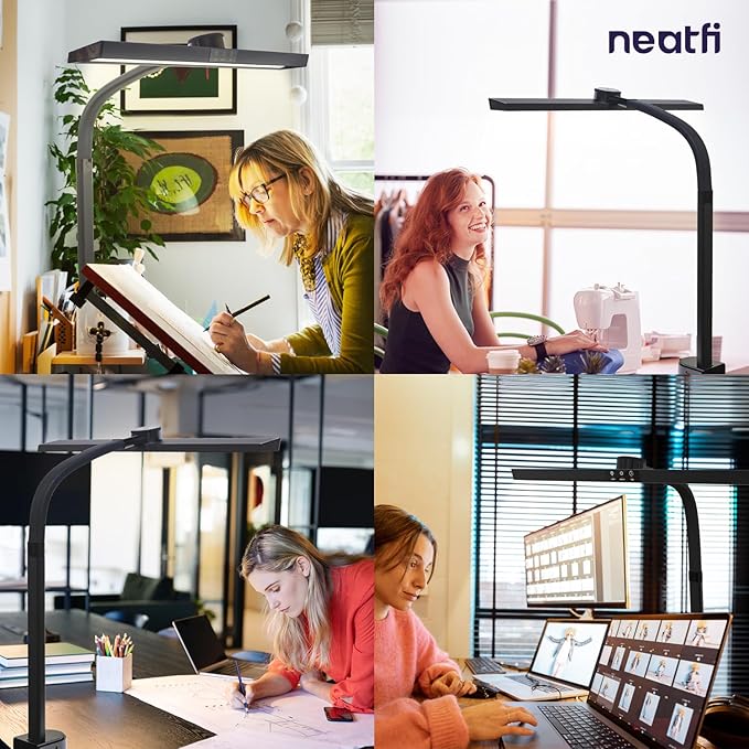 Neatfi LED Desk Lamp with 6-Level Brightness, Adjustable 2700~6500K Color Temperature, 14” Wide, Timer & Charging Port - Touch & Knob Control, 800 Lumens, Dimmable LED Table Light, 24W, CRI 85 (Black) - LeafyLoom