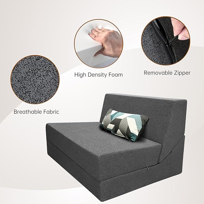 Memory Foam Folding Sofa Couch Bed with Pillow Sleeper Lazy Chair Modern Convertible Floor Futon for Living Room Apartment Guest Office,Washable Cover,Dark Gray - LeafyLoom