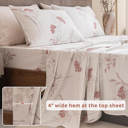 QSH Floral Bed Sheets King Size - 100% Egyptian Cotton Floral Bedding Sheets Aesthetic Flower Pattern Printed Bedding King Size Bed Sheets 17.5" Extra Deep Pocket 4pcs - LeafyLoom