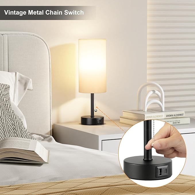 White Table Bedside Lamp for Bedroom Nightstand - Small Lamp with USB A + C Charging Port, 3 Color Temperatures Pull Chain Night Stand Light with Bulb, Side Table Desk Reading Lamp for Living Room - LeafyLoom