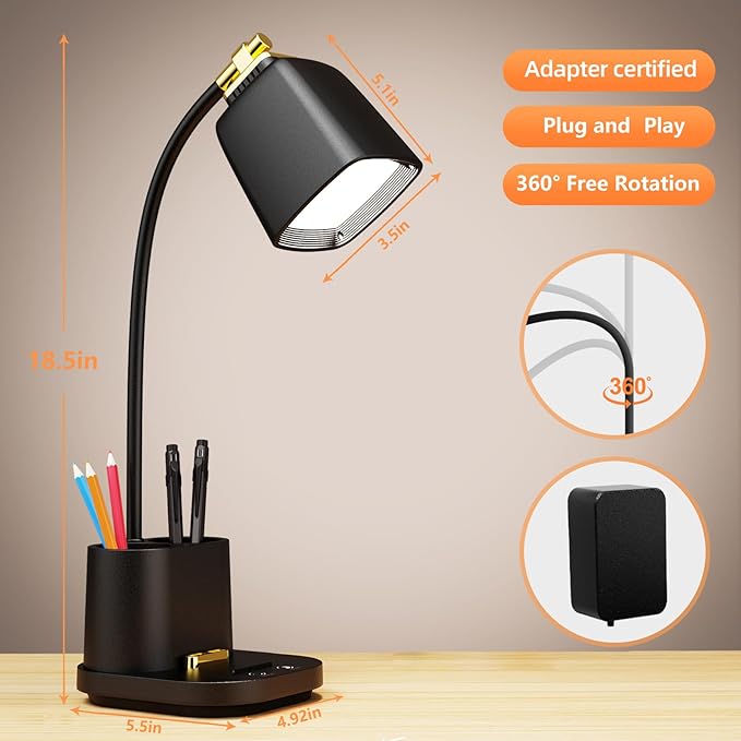 LED Desk Lamp with USB Charging Port Touch control 3 Color Modes, Stepless Dimming, Home office Desk Lamp, LED Small Desk Lamp in University Dormitory, Study Desk Lamp, Gooseneck Lamp - LeafyLoom